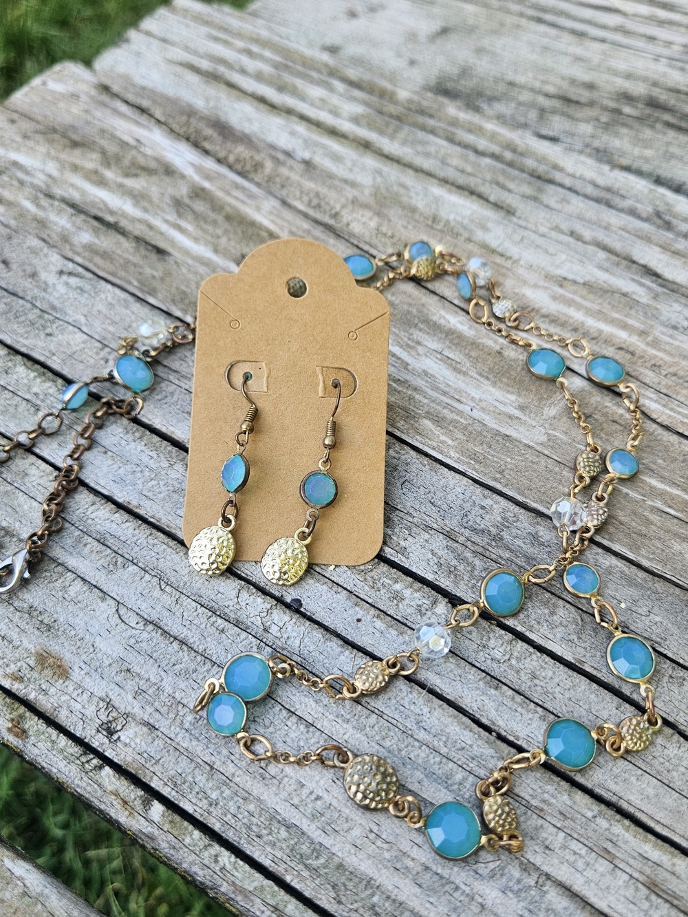 Gold-Tone Faux Turquoise Blue Gemstone Necklace & Earrings Set